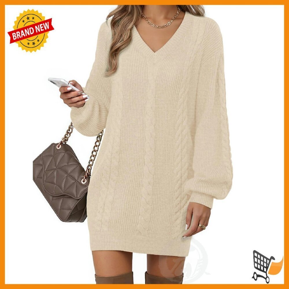 V-Neck Lantern Sleeve Knit Pullover Sweater Dress Women's Casual Fall Winter